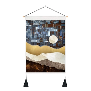 Detail of abstract landscape tapestry with wooden pole and black hanging tassels