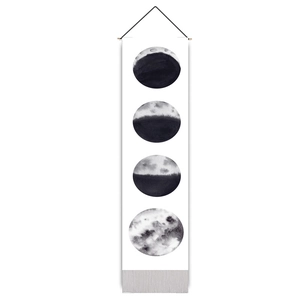 Tapisserie phases de lune à l'aquarelle avec glands noirs et barre de suspension en bois