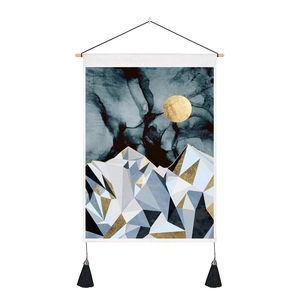 Abstract mountain tapestry with blue geometric art and golden sun detail for wall decor