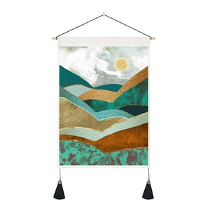 Detail of modern abstract landscape tapestry with mountain peaks and golden sun