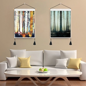 Hanging Tapestry Wall Scroll Art Nature Forest Landscape Polyester Cotton Wood Pole Tassels Nordic Style Decor
