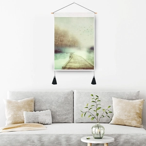 Nordic forest lake scenery tapestry hanging with wooden rod and black tassels
