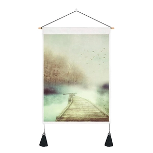 Nordic forest mist lake scenery tapestry with wooden hanging rod and black tassels
