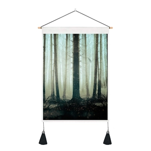 Detail of Nordic forest tapestry featuring high-definition print and black hanging tassels