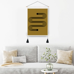 Modern abstract wall tapestry with olive gold background and black geometric S-pattern