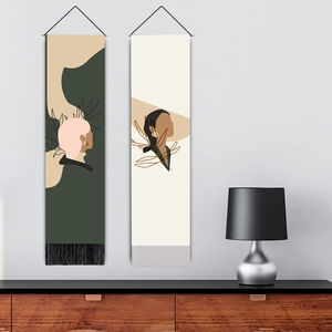 Bohemian abstract geometric wall hanging set with minimalist line art and fringe details