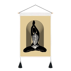 Minimalist yoga meditation silhouette wall hanging with abstract sand shapes and black tassels