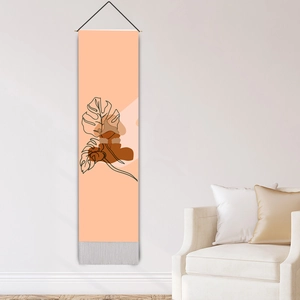 Bohemian abstract geometric line art wall tapestry with warm orange tones and tassels