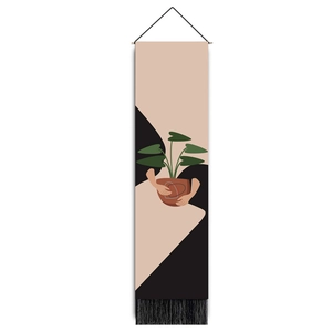 Bohemian abstract geometric tapestry with elegant black tassels and wooden hanging pole