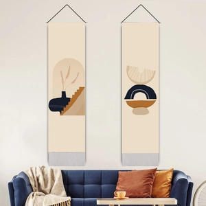 Tapisserie Murale Géométrique Abstraite En Coton Lin Avec Poteau En Bois Et Gland Bohème Longue Étroite Verticale Pour Chambre Salon