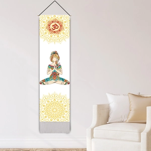 Bohemian yoga tapestry featuring a meditating woman and Mandala patterns with gray tassels