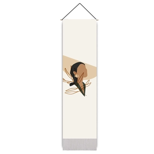 Detail of bohemian wall hanging with minimalist line art and silver-grey fringe decor