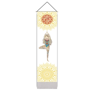 Vertical yoga wall tapestry featuring tree pose illustration and yellow mandalas