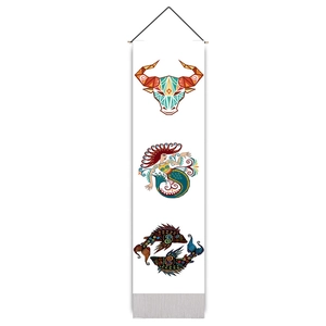 Vertical white tapestry featuring geometric bull, mermaid, and fish art with hanging rope