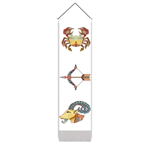 Vertical zodiac tapestry with geometric crab, bow, and ram icons on a white background