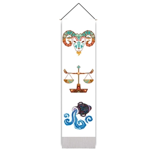 Vertical wall tapestry with Aries, Libra, and Aquarius zodiac art on cotton linen fabric