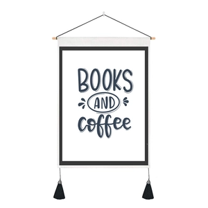 Detail of wall hanging with Books and Coffee text, wooden rod and black tassel decor