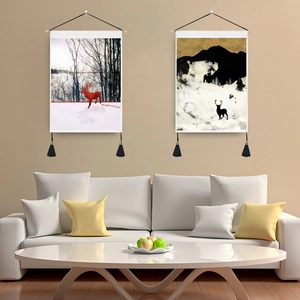 Nordischer Stil Rentier Wald Wandteppich Wandkunst Polyester-Baumwolle Hängerolle Mit Holzstab Und Quasten-Deko Für Wohnzimmer Schlafzimmer