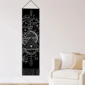 Minimalist solar system banner with white celestial line art and black tassel fringe