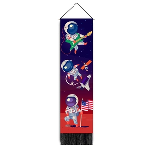 Detailed view of astronaut tapestry with vertical comic scenes and black fringe tassels