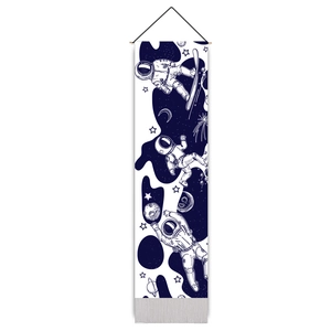 Vertical wall hanging decor featuring creative astronauts skiing in space on blue canvas