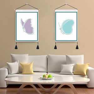 Modern Minimalist Butterfly Wall Tapestry Hanging Painting With Wood Pole And Black Tassels Decorative Home Art Scroll