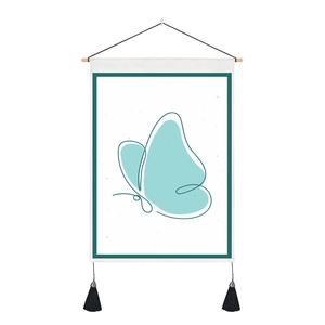 Modern minimalist teal butterfly wall hanging with wooden rod and black tassels