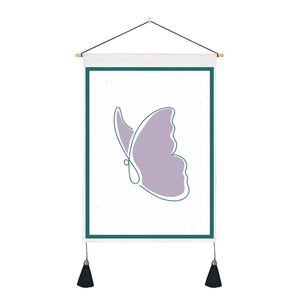 Detailed texture of cotton linen tapestry featuring purple butterfly and wooden hanger