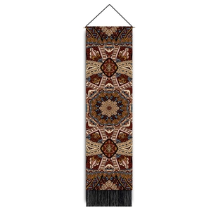 Bohemian mandala tapestry with symmetrical geometric patterns and black bottom tassels