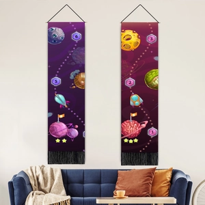 Tapisserie Murale Verticale Coton Lin Dessin Animé Astronaute Espace Planète Décor Pour Chambre Enfants Avec Glands Et Tige Bois
