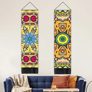 Mandala Wall Tapestry Cotton Linen Long Vertical Bohemian Tribal Geometric Hanging Art With Tassel Wood Rod Home Decor