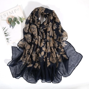 Floral print navy blue cotton-linen feel scarf with vintage brown flower pattern