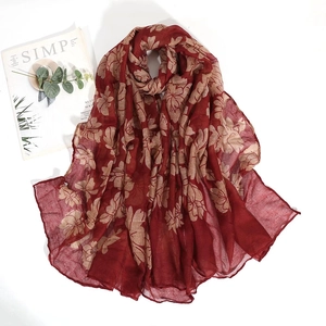 Floral print bali yarn scarf with large red blossoms on elegant cotton-linen feel fabric