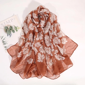 Elegant rust red floral printed scarf for women made of breathable cotton linen fabric