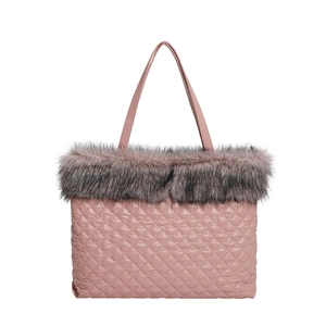 Quilted pink tote bag with grey faux fur trim and classic rhombic stitching design
