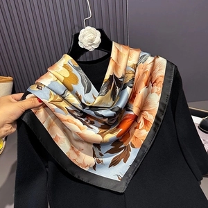 Elegant 70x70cm navy silk square scarf with orange floral print and black border