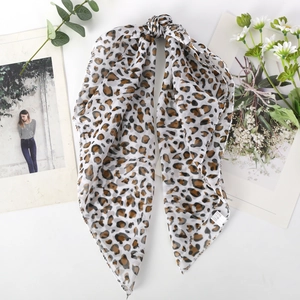 Leopard print chiffon silk scarf in white and brown, versatile neck tie or headband