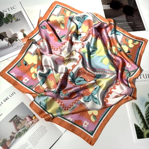 70cm silk scarf with lemon and citrus prints and orange geometric borders
