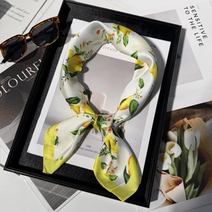 Square Scarf Satin Satin Like Lemon Floral Print Headscarf Neck Scarf French Retro Style Women Accessory