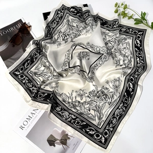 70cm vintage floral print square silk scarf in ivory and black for elegant styling