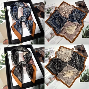 Detailed paisley pattern on silk scarf with contrast borders shown in various styles