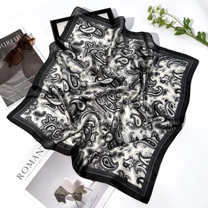 70cm square silk scarf with black and white paisley pattern for hair and neck styling