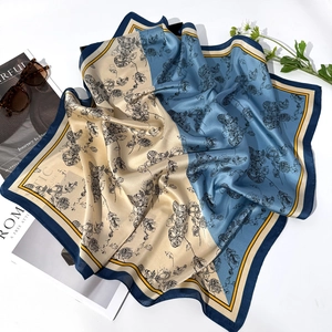Blue and white floral square silk scarf with wide navy borders and elegant flower pattern