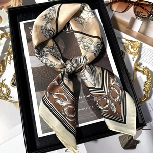 Vintage Floral Print Square Scarf Satin Polyester Hair Bandana Elegant Baroque Neck Wrap For Women