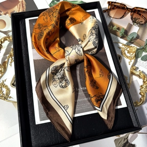 Elegant Silk Feeling Satin Square Scarf For Women Floral Leaf Print Fashion Neck Hair Band Handbag Decor Head Scarf