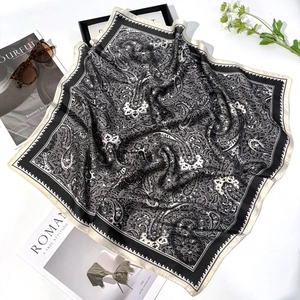 Elegant 70cm square silk scarf with paisley floral pattern on soft satin fabric