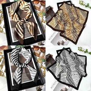 70cm elegant square silk scarf with geometric leaf prints in brown and black-white tones
