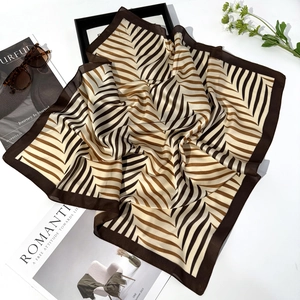 70cm leaf print silk square scarf with geometric stripes in brown and beige tones