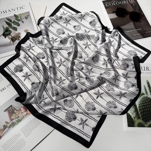Elegant black and white 70cm silk scarf with ocean seashell print and black border