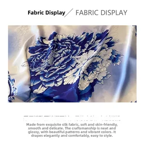 Detailed view of soft Lijin satin fabric featuring elegant blue peony floral prints